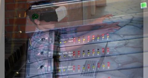 Image of server room over caucasian boy using vr headset Stock Photos