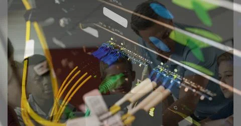Image of server room over caucasian male teacher with diverse schoolkids Photos