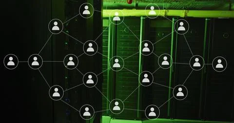 Image of server room over network of connections with icons 스톡 일러스트