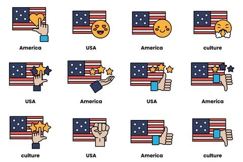 The image is a set of cartoon faces with the American flag in the background Stock Illustration