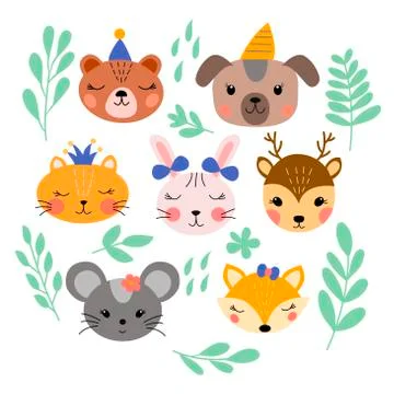 Image with a set of cute animal faces and leaves Stock Illustration