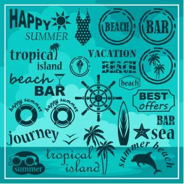 Image of a set of icons for a beach theme and travel. Stock Illustration