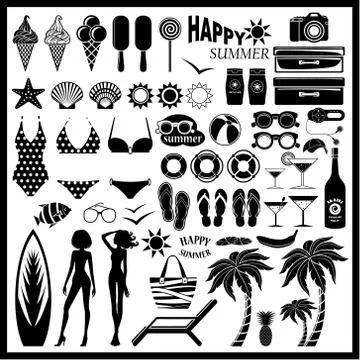 Image of a set of icons for a beach theme and travel. Stock Illustration