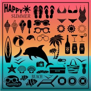 Image of a set of icons for a beach theme and travel. Stock Illustration