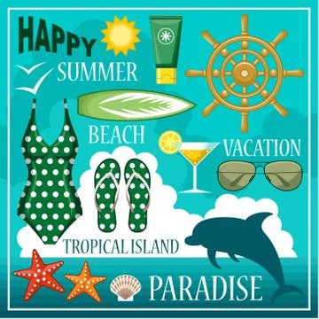 Image of a set of icons for a beach theme and travel. Stock Illustration