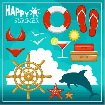 Image of a set of icons for a beach theme and travel. Stock Illustration