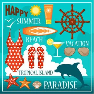 Image of a set of icons for a beach theme and travel. Stock Illustration