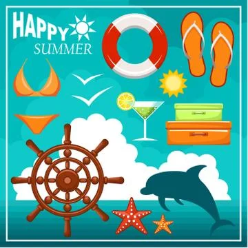 Image of a set of icons for a beach theme and travel. Stock Illustration