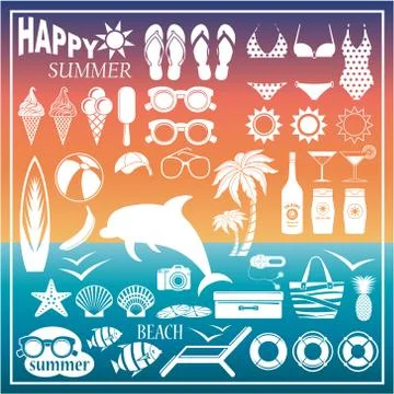 Image of a set of icons for a beach theme and travel. Stock Illustration