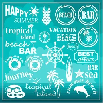 Image of a set of icons for a beach theme and travel. Stock Illustration
