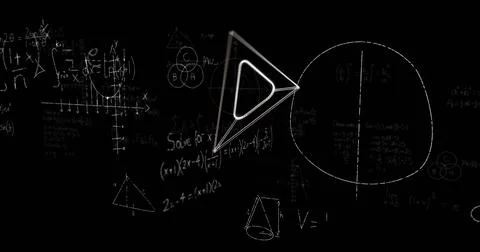 Image of set square icon over mathematical equations on black background Stock Photos