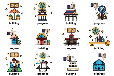 Image is a set of ten different building icons, each with a different color Stock Illustration