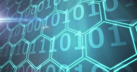 Image of shapes and binary coding on blue background Stockillustratie