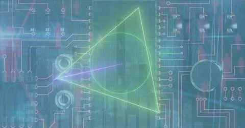 Image of shapes and computer circuit board over data processing on green Stock Illustration