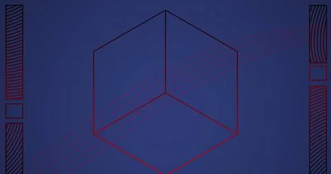 Image of shapes and cube with red lines on blue background Stock Photos