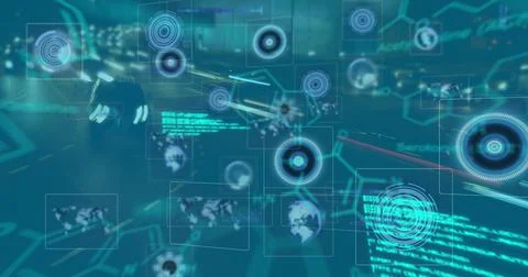 Image of shapes and data processing over road Stockillustratie