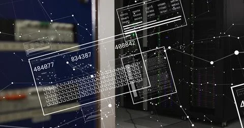 Image of shapes and data processing over server room 写真素材
