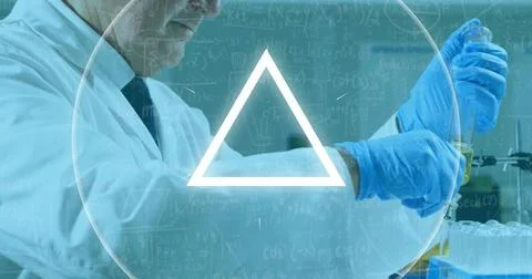 Image of shapes and data processing over caucasian male scientist taking samples Stock Photos