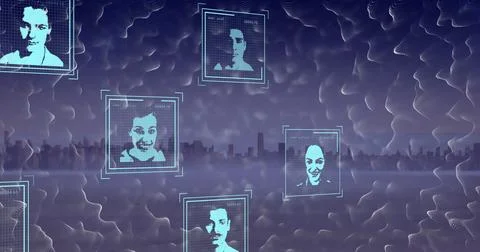 Image of shapes and data processing with people portraits over cityscape Stock Photos