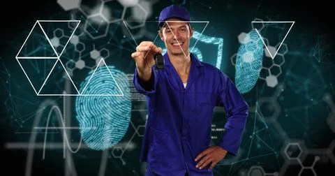 Image of shapes and data processing over caucasian man holding keys Stock Photos