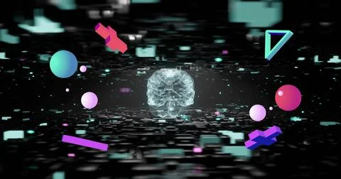 Image of shapes and digital data processing over human brain Stock Illustration