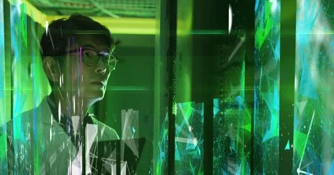 Image of shapes and lines over asian woman working in server room Stock Photos