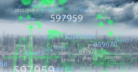 Image of shapes and numbers over cityscape and data processing Stock Illustration