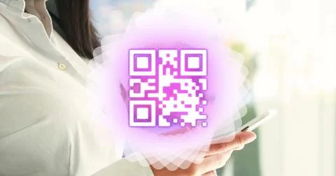 Image of shapes and qr code over asian woman using smartphone Stock Illustration