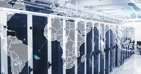 Image of shapes and world map over server room Stock Photos