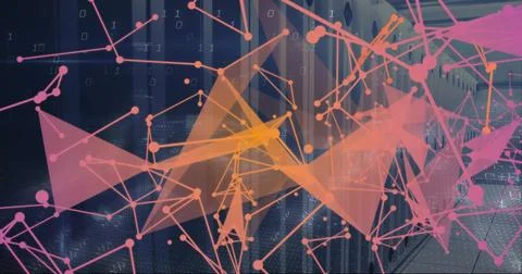 Image of shapes moving and binary coding over server room 스톡 일러스트