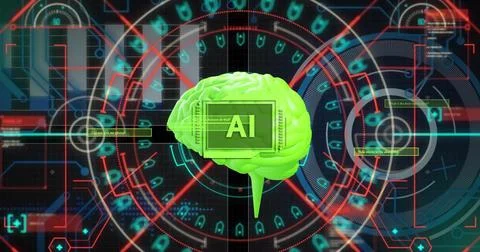 Image of shapes moving over data processing and brain with ai text Foto stock