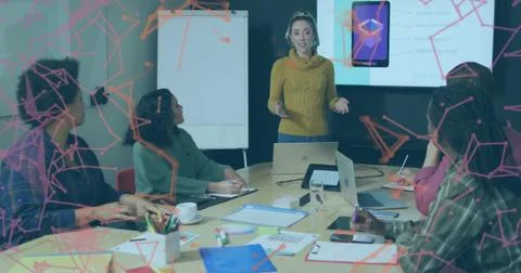 Image of shapes moving over diverse business people at meeting in office Stock Photos