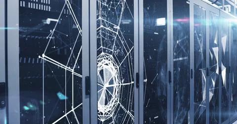 Image of shapes moving over server room, copy space Foto stock