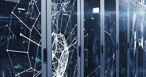 Image of shapes moving over server room, copy space Foto stock