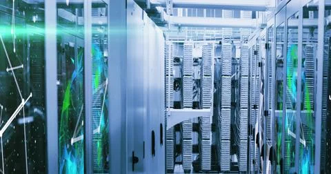 Image of shapes moving over server room, copy space Stock Photos