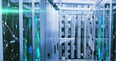 Image of shapes moving over server room, copy space Stock Photos