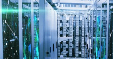 Image of shapes moving over server room Stock Photos