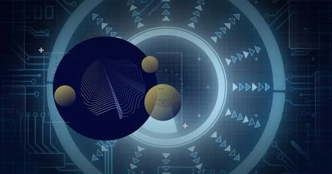 Image of shapes over data processing with scope scanning on black background Illustrazione stock