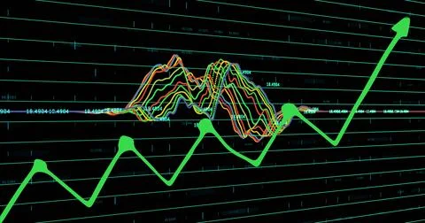 Image of shapes over financial data processing on black background 스톡 사진