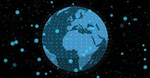 Image of shapes over globe with data processing on black background Stockfoto's