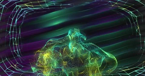 Image of shapes over light trails on black background Illustrazione stock