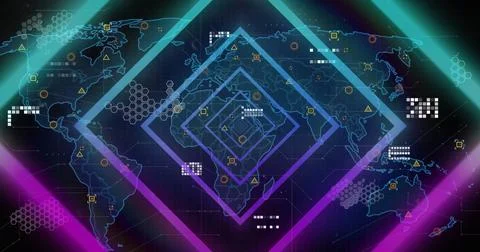 Image of shapes over world map with data processing on black background 스톡 사진
