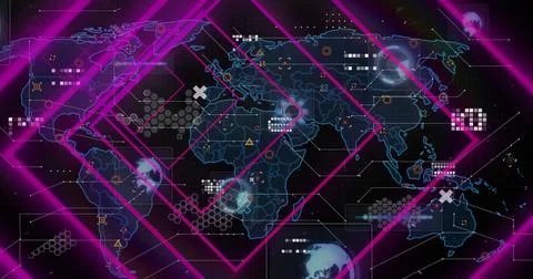 Image of shapes over world map with data processing on black background 写真素材