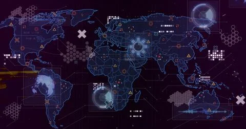 Image of shapes over world map with data processing on black background 스톡 사진