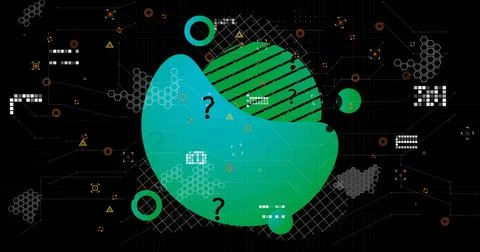 Image of shapes with question marks over data processing on black background 스톡 일러스트