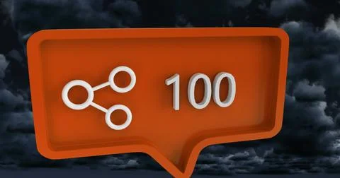 Image of share icon with numbers on speech bubble over sky and clouds Stock Photos