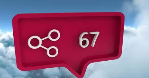 Image of share icon with numbers on speech bubble over sky and clouds 写真素材
