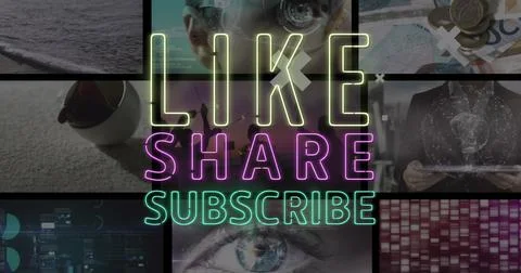 Image of like, share, subscribe text over screens Illustrazione stock