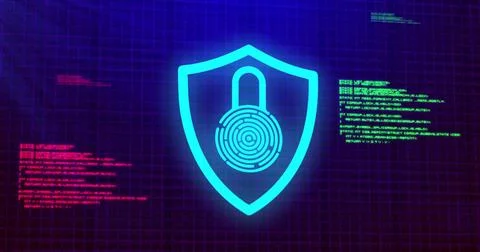 Image of shield and padlock over data processing 스톡 사진