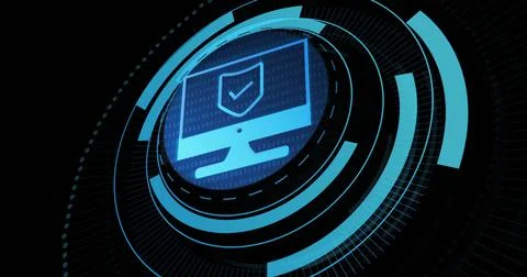 Image of shield on computer screen in processing circle on black background Stock Photos